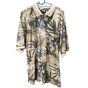 Tommy Bahama Hawaiian Polo Shirt size L Men Short Sleeve Floral Palm Beige